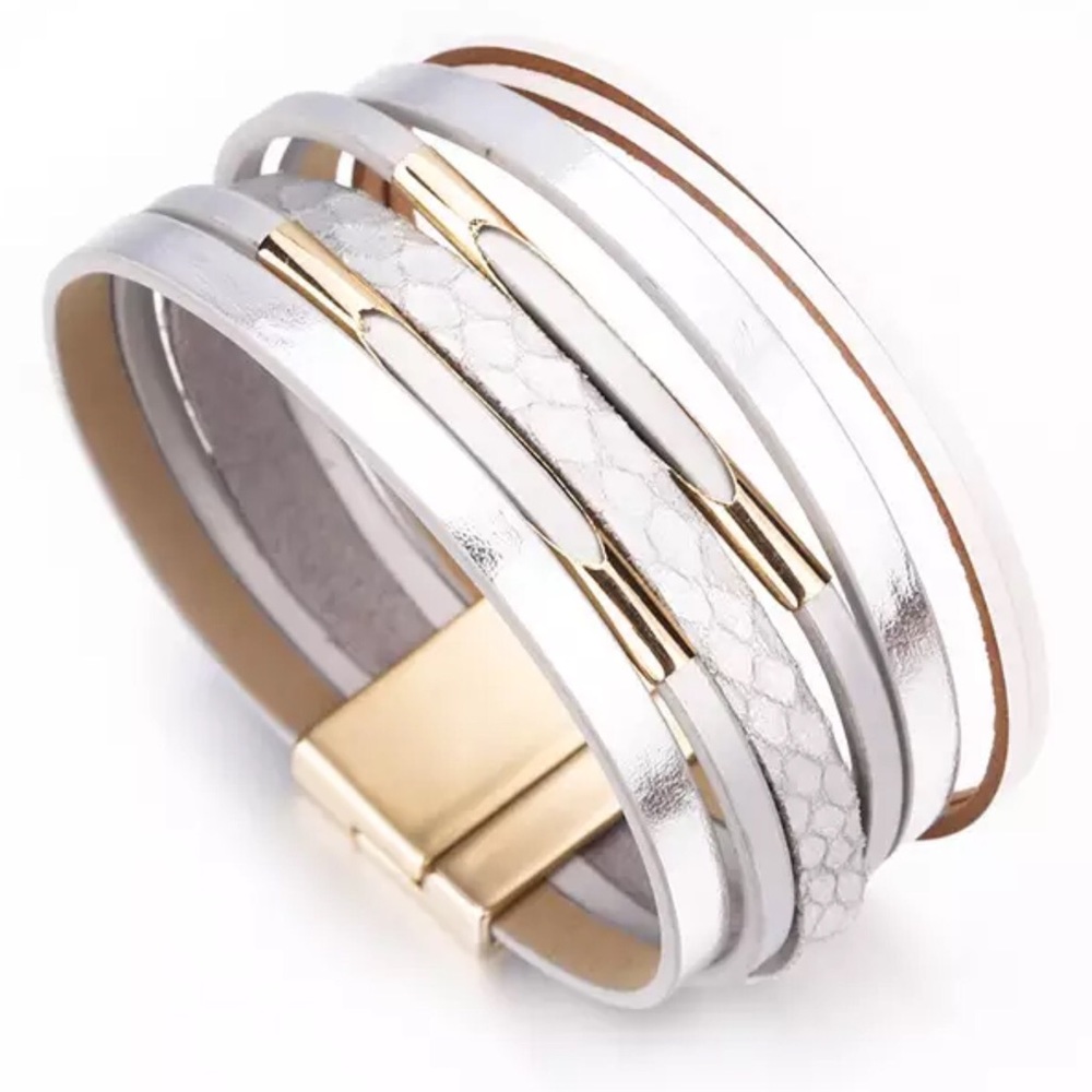 Silver wide wrap around GENUINE LEATHER bracelet.